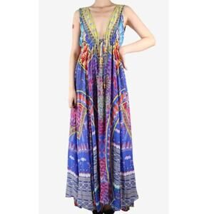 Camilla 100% Silk Swarovski Beaded V-Neck Bright Print Maxi Dress Size Medium/Lg